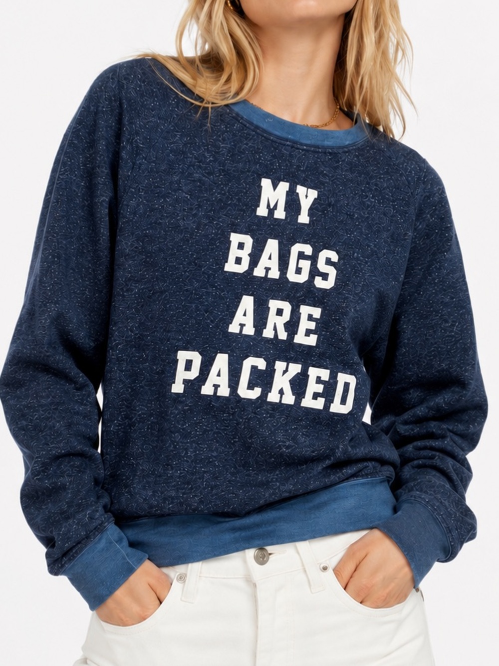 WILDFOX Navy Blue 'My Bags Are Packed' Pullover Sweatshirt Vacation Travel Top